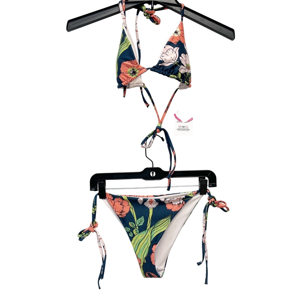 Berry Jane Women's Navy Floral Triangle Halter Side Tie Bikini Swim Set Size S